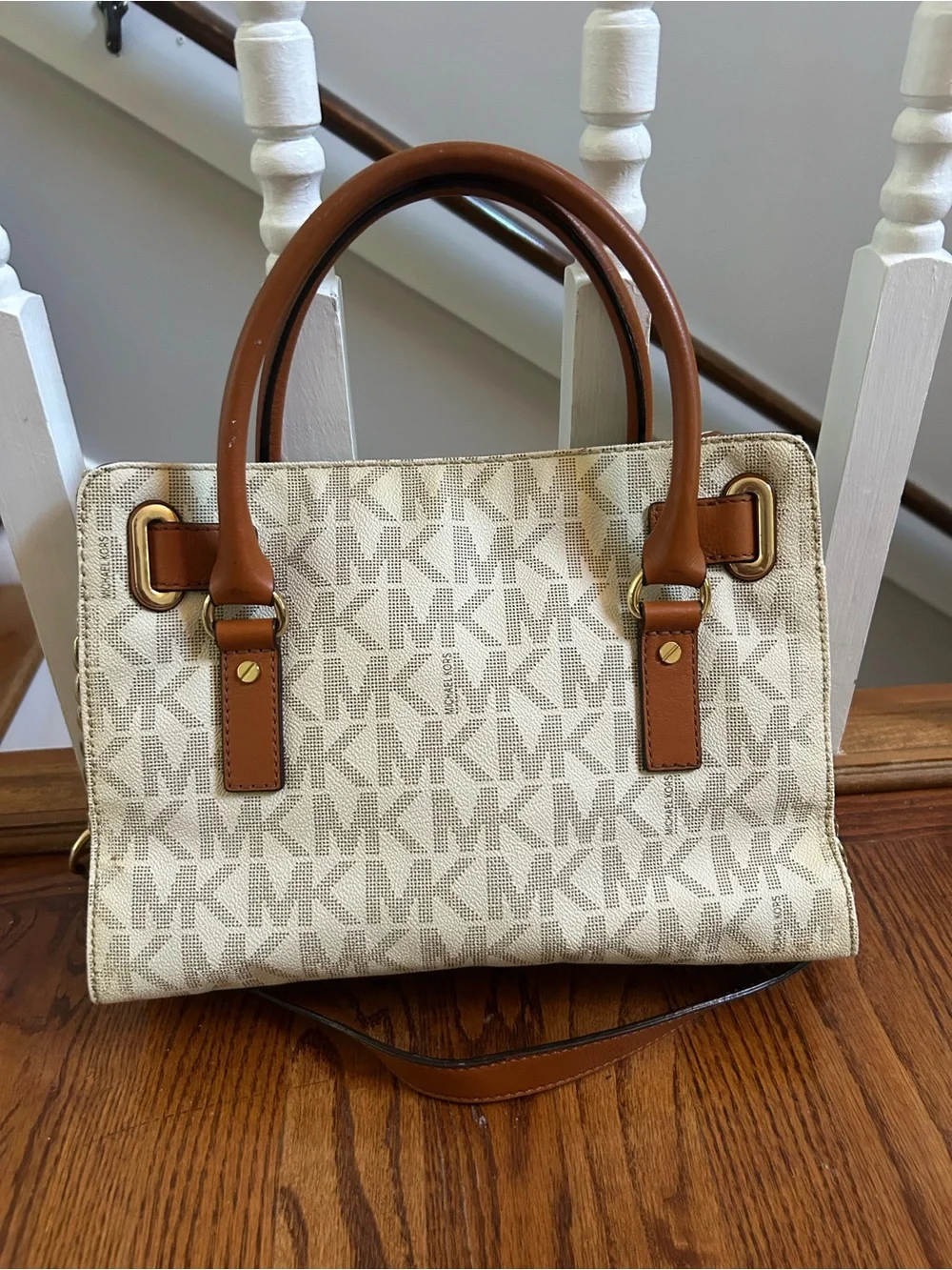 Michael Kors Cream and Tan Logo Satchel with Gold Hardware